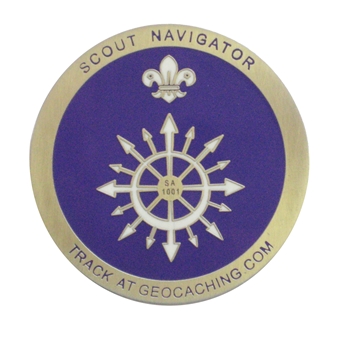 The front of our Scout Geocoins (but with varying SA codes in the middle)